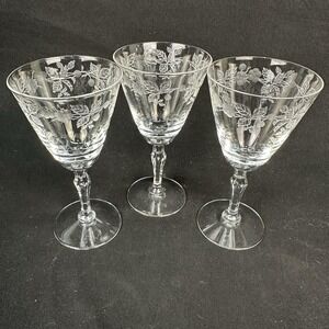 Fostoria 'Burgundy' 5 1/4" Stem Crystal Etched Wine Goblets, Vintage, Set of 3